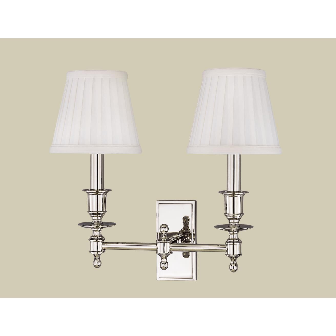 Shown in Polished Nickel finish and Off White Faux Silk shade
